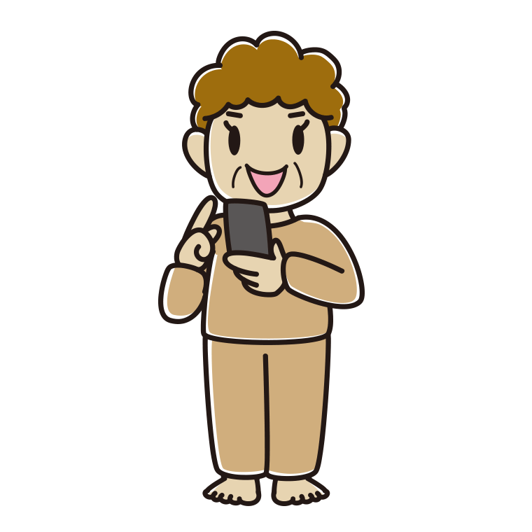 スマホを使う部屋着のおばさんのイラスト【色あり、背景なし】透過PNG