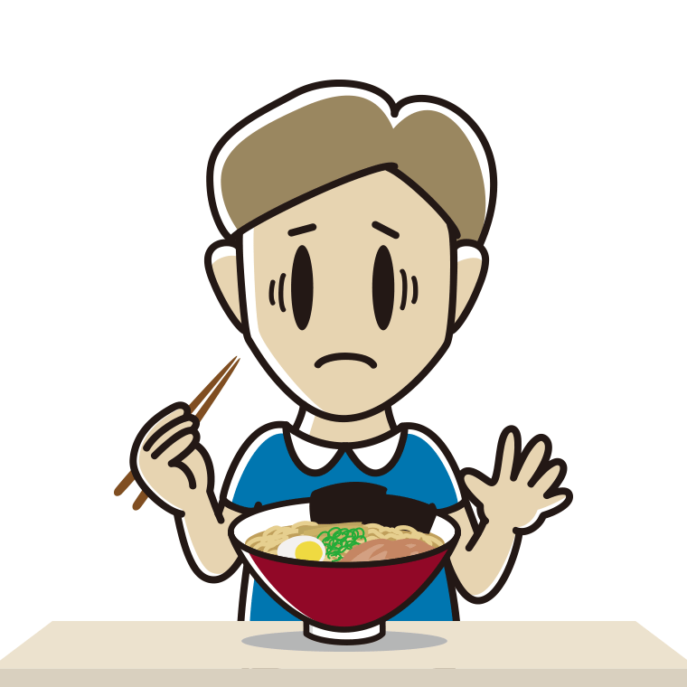 ラーメンで困る男性のイラスト【色あり、背景なし】透過PNG