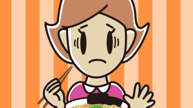 ラーメンで困る女性のイラスト【色、背景あり】PNG