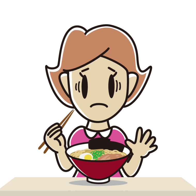 ラーメンで困る女性のイラスト【色あり、背景なし】透過PNG