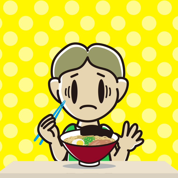 ラーメンで困る小学生男子のイラスト【色、背景あり】PNG