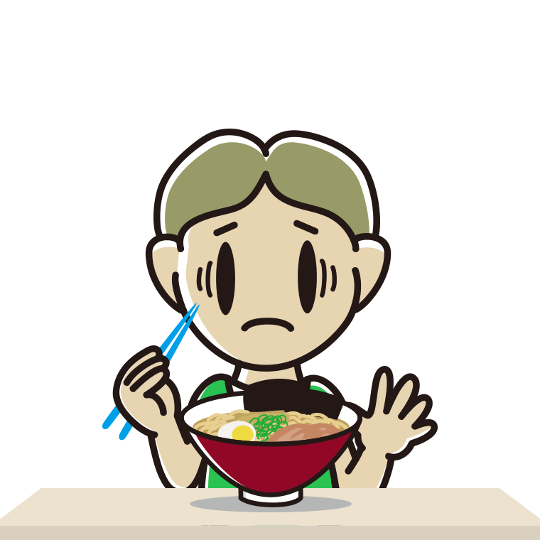 ラーメンで困る小学生男子のイラスト【色あり、背景なし】透過PNG