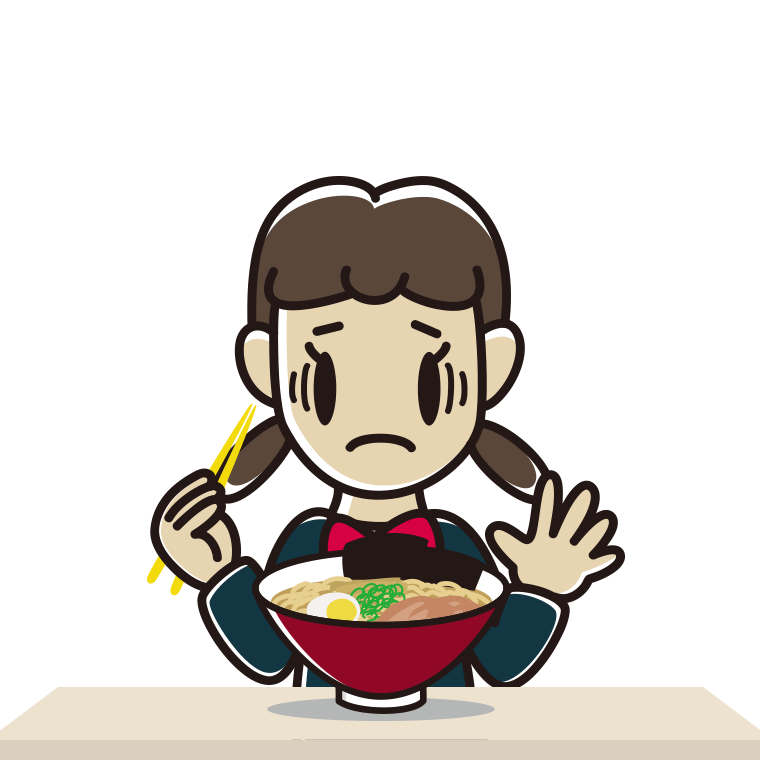 ラーメンで困る女子中学生のイラスト【色あり、背景なし】透過PNG