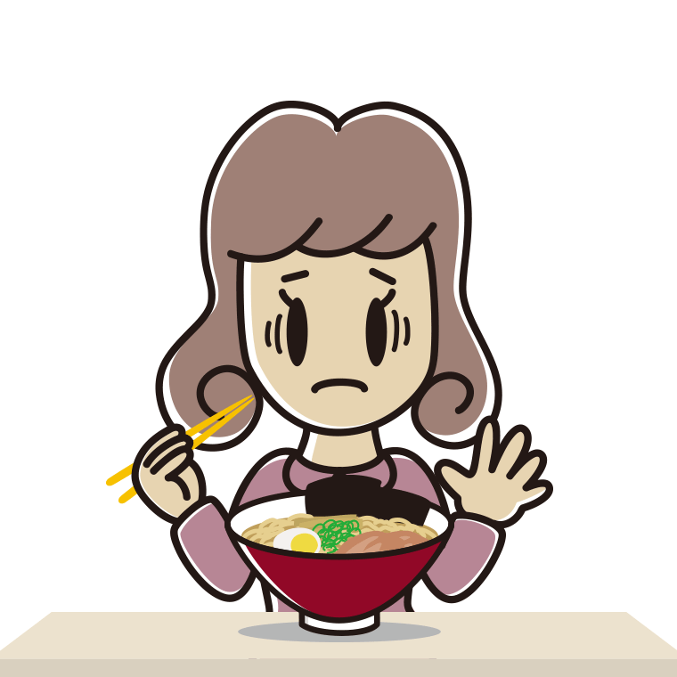 ラーメンで困る女子大学生のイラスト【色あり、背景なし】透過PNG