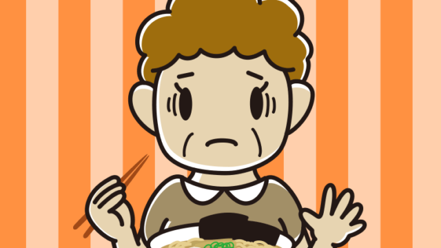 ラーメンで困るおばさんのイラスト【色、背景あり】PNG