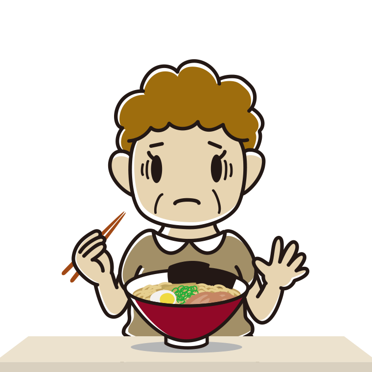 ラーメンで困るおばさんのイラスト【色あり、背景なし】透過PNG