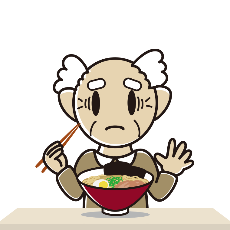 ラーメンで困るおじいさんのイラスト【色あり、背景なし】透過PNG