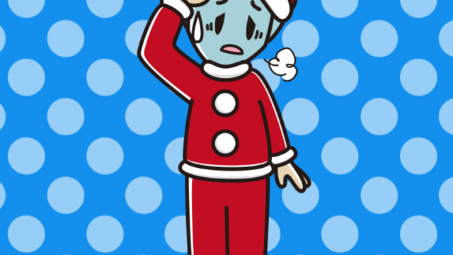 具合が悪いサンタ姿の男性のイラスト【色、背景あり】PNG