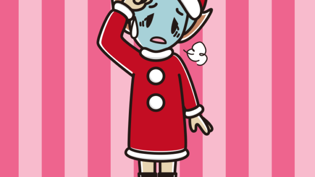 具合が悪いサンタ姿の女性のイラスト【色、背景あり】PNG