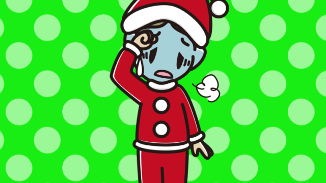 具合が悪いサンタ姿の小学生男子のイラスト【色、背景あり】PNG