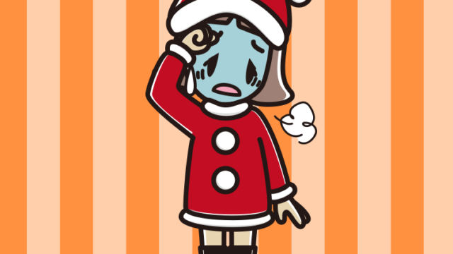 具合が悪いサンタ姿の小学生女子のイラスト【色、背景あり】PNG