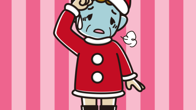 具合が悪いサンタ姿のおばさんのイラスト【色、背景あり】PNG