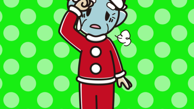 具合が悪いサンタ姿のおじいさんのイラスト【色、背景あり】PNG