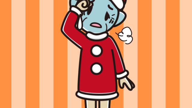 具合が悪いサンタ姿のおばあさんのイラスト【色、背景あり】PNG