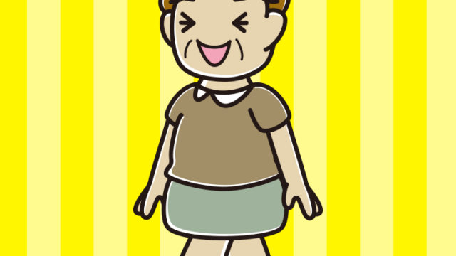 笑いながら歩くおばさんのイラスト【色、背景あり】PNG