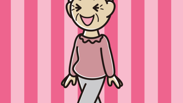 笑いながら歩くおばあさんのイラスト【色、背景あり】PNG