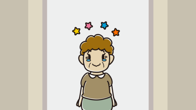 エレベーターでジーンとするおばさんのイラスト【色、背景あり】PNG