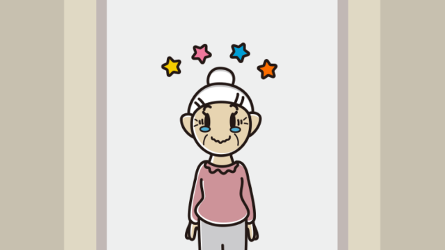エレベーターでジーンとするおばあさんのイラスト【色、背景あり】PNG