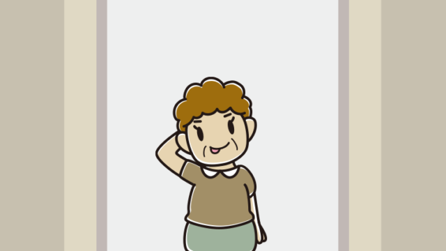 エレベーターでテヘヘなおばさんのイラスト【色、背景あり】PNG