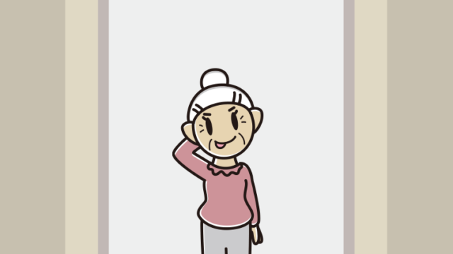 エレベーターでテヘヘなおばあさんのイラスト【色、背景あり】PNG