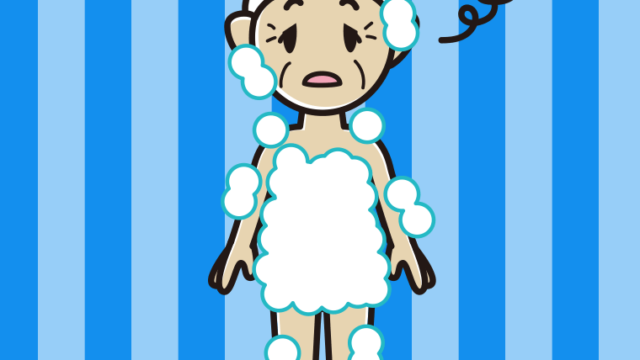 ぼーっとする泡だらけのおばあさんのイラスト【色、背景あり】PNG