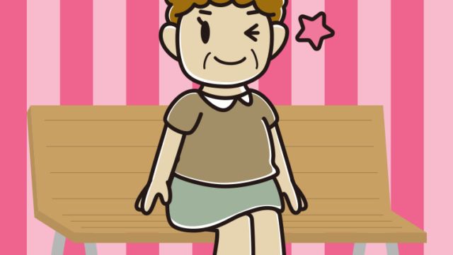 ベンチでウインクするおばさんのイラスト【色、背景あり】PNG