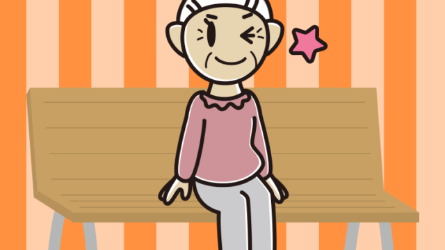 ベンチでウインクするおばあさんのイラスト【色、背景あり】PNG