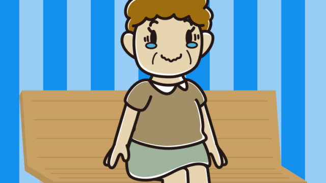 ベンチでジーンとするおばさんのイラスト【色、背景あり】PNG