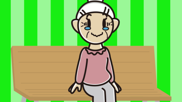 ベンチでジーンとするおばあさんのイラスト【色、背景あり】PNG