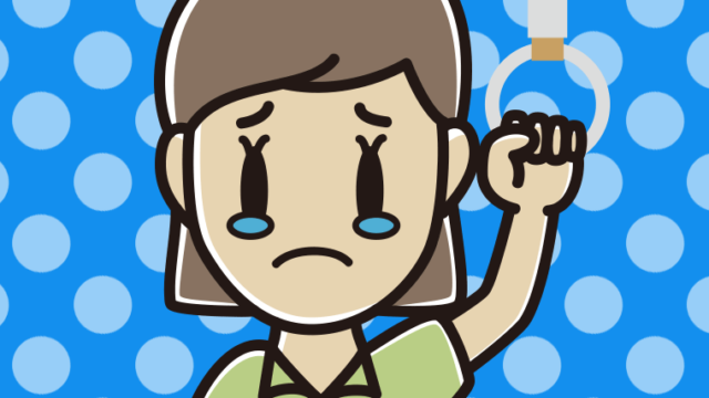 つり革につかまり泣く女性会社員（クールビズ）のイラスト【色、背景あり】PNG