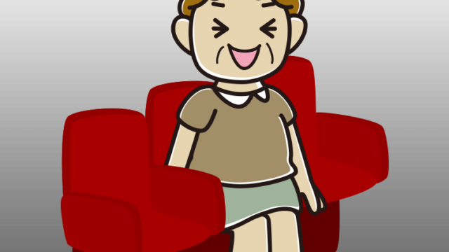 映画館（劇場）で笑うおばさんのイラスト【色、背景あり】PNG