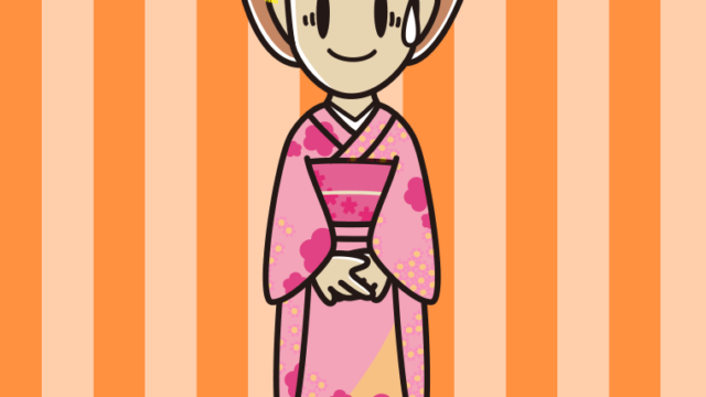 苦笑いする晴れ着姿の女性のイラスト【色、背景あり】PNG