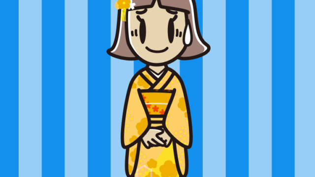 苦笑いする晴れ着姿の小学生女子のイラスト【色、背景あり】PNG