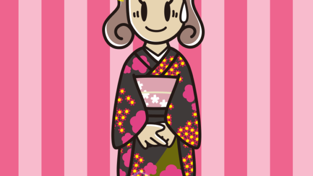 苦笑いする晴れ着姿の女子大学生のイラスト【色、背景あり】PNG