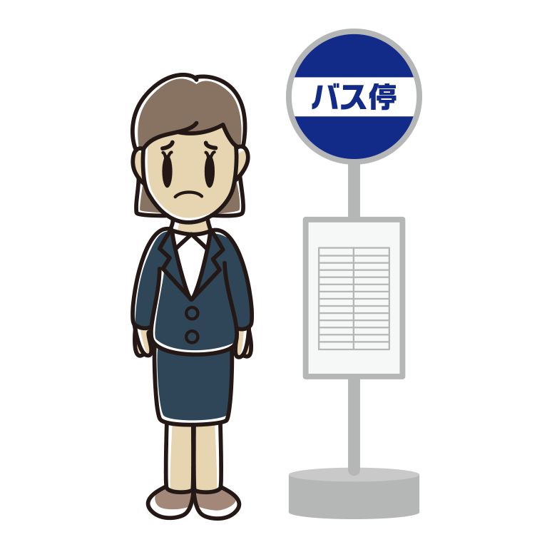 バス停で困る女性会社員のイラスト【色あり、背景なし】透過PNG