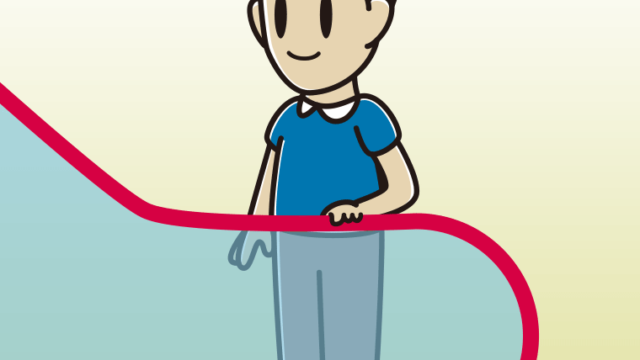 エスカレーターに乗る男性のイラスト【色、背景あり】PNG