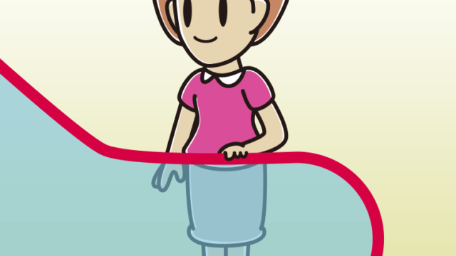 エスカレーターに乗る女性のイラスト【色、背景あり】PNG