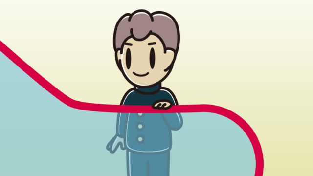 エスカレーターに乗る男子中学生のイラスト【色、背景あり】PNG