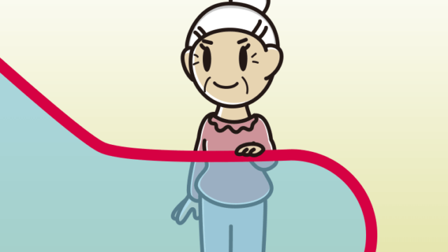 エスカレーターに乗るおばあさんのイラスト【色、背景あり】PNG