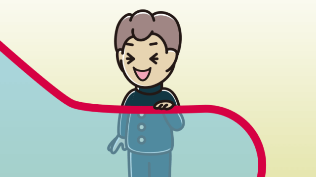 エスカレーターで笑う男子中学生のイラスト【色、背景あり】PNG