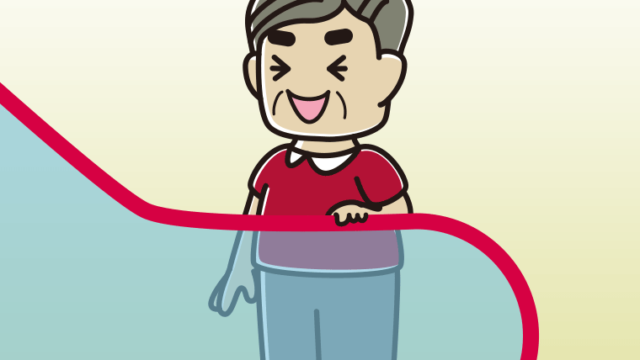 エスカレーターで笑うおじさんのイラスト【色、背景あり】PNG