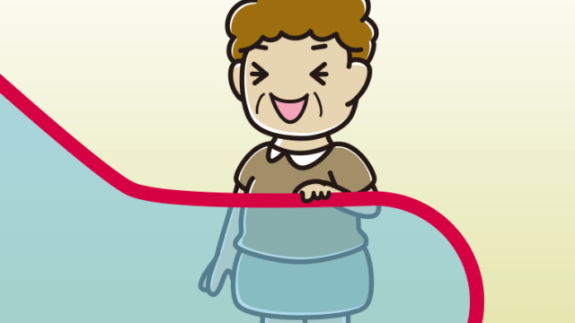 エスカレーターで笑うおばさんのイラスト【色、背景あり】PNG