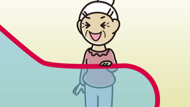 エスカレーターで笑うおばあさんのイラスト【色、背景あり】PNG