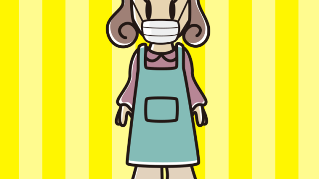 マスクをするエプロン姿の女子大学生のイラスト【色、背景あり】PNG