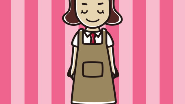 お辞儀するエプロン姿の女子高校生のイラスト【色、背景あり】PNG