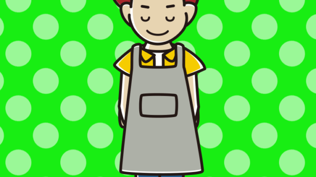 お辞儀するエプロン姿の男子大学生のイラスト【色、背景あり】PNG