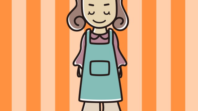 お辞儀するエプロン姿の女子大学生のイラスト【色、背景あり】PNG