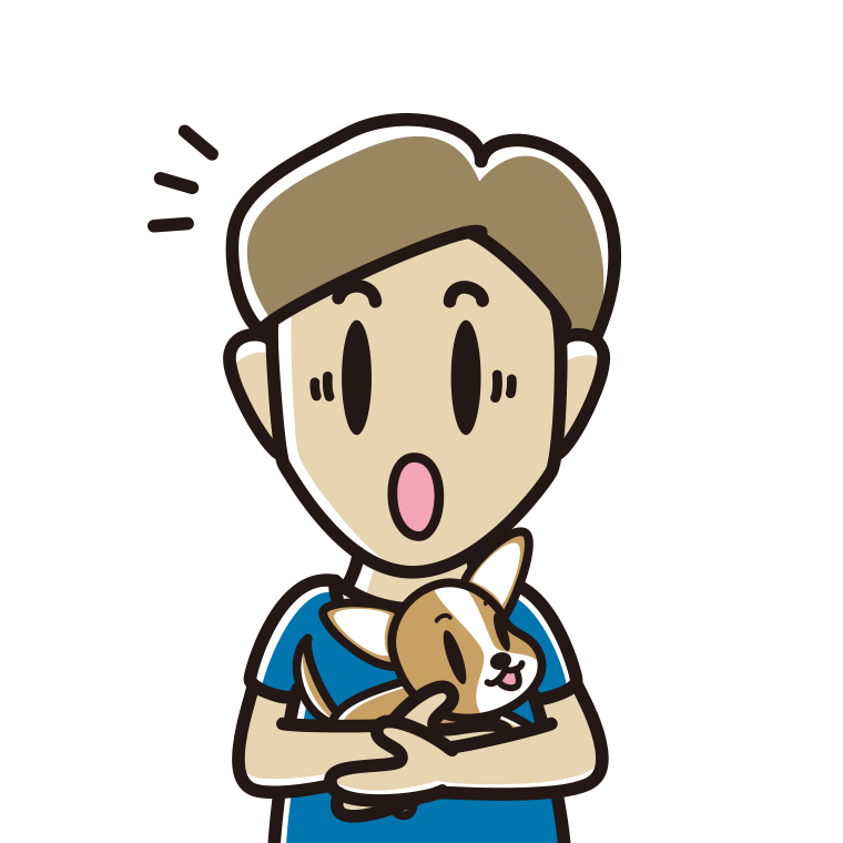 犬を抱いて驚く男性のイラスト【色あり、背景なし】透過PNG