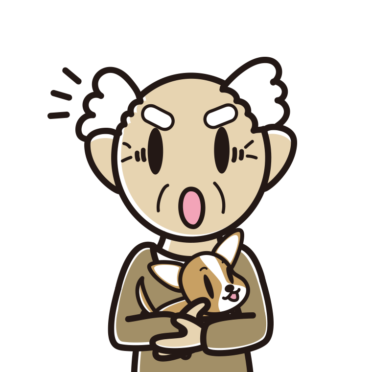 犬を抱いて驚くおじいさんのイラスト【色あり、背景なし】透過PNG