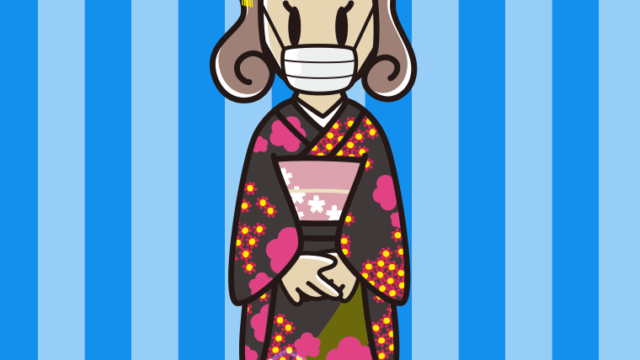 マスクをする晴れ着姿の女子大学生のイラスト【色、背景あり】PNG